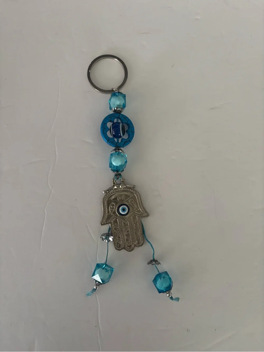 Hamsa Hand Key & Card Holder Charm with Blue Beads